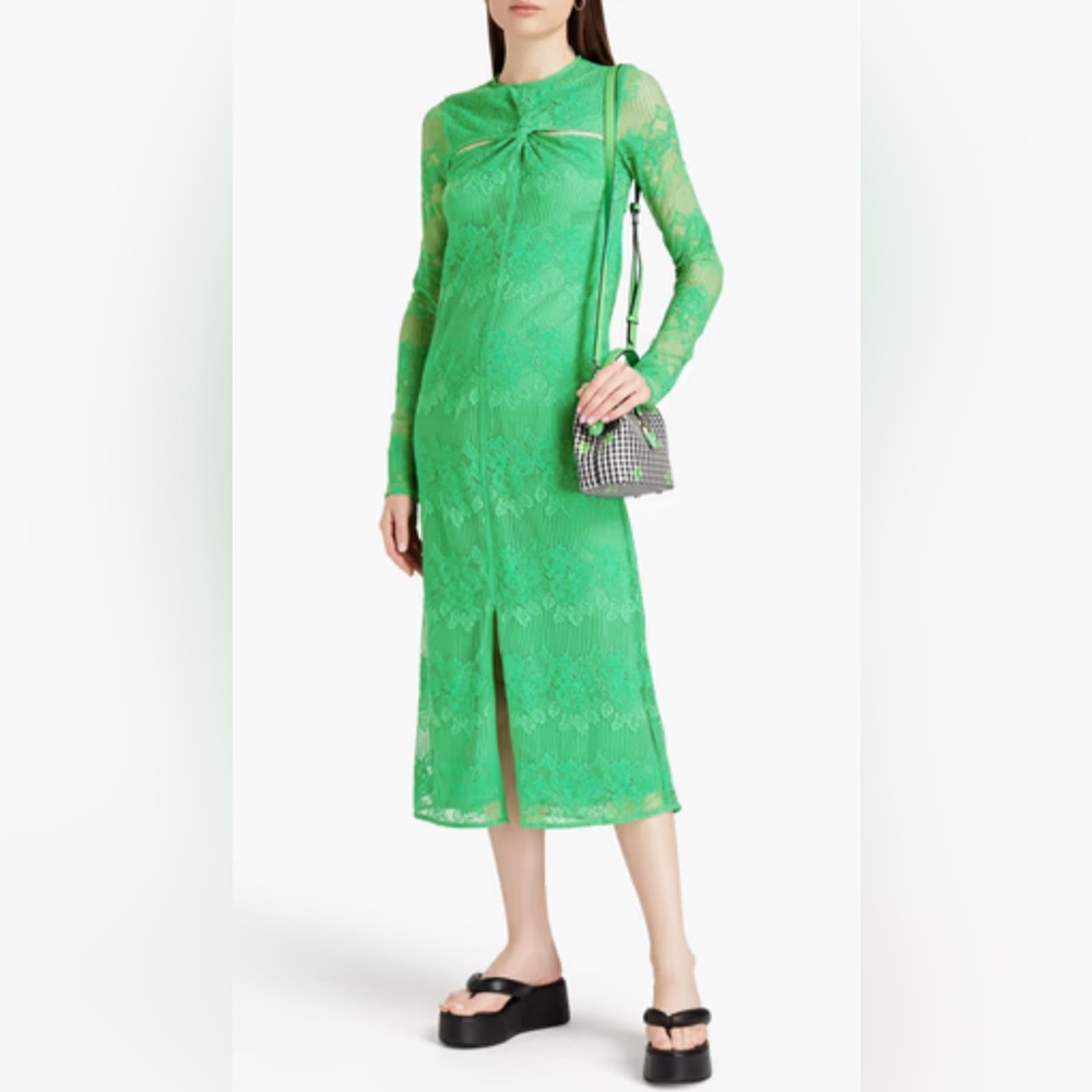 GANNI Kelly Green Cutout Twisted Lace Midi Dress Long Sleeve 38